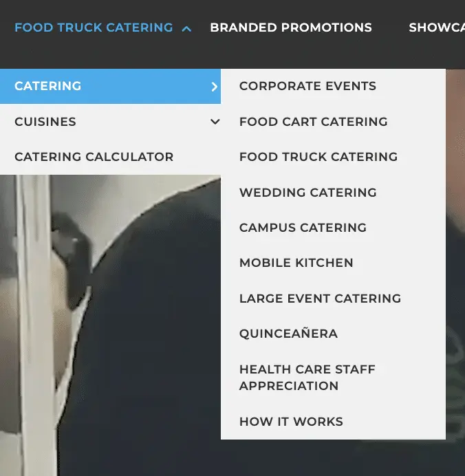 Food truck catering website dropdown.