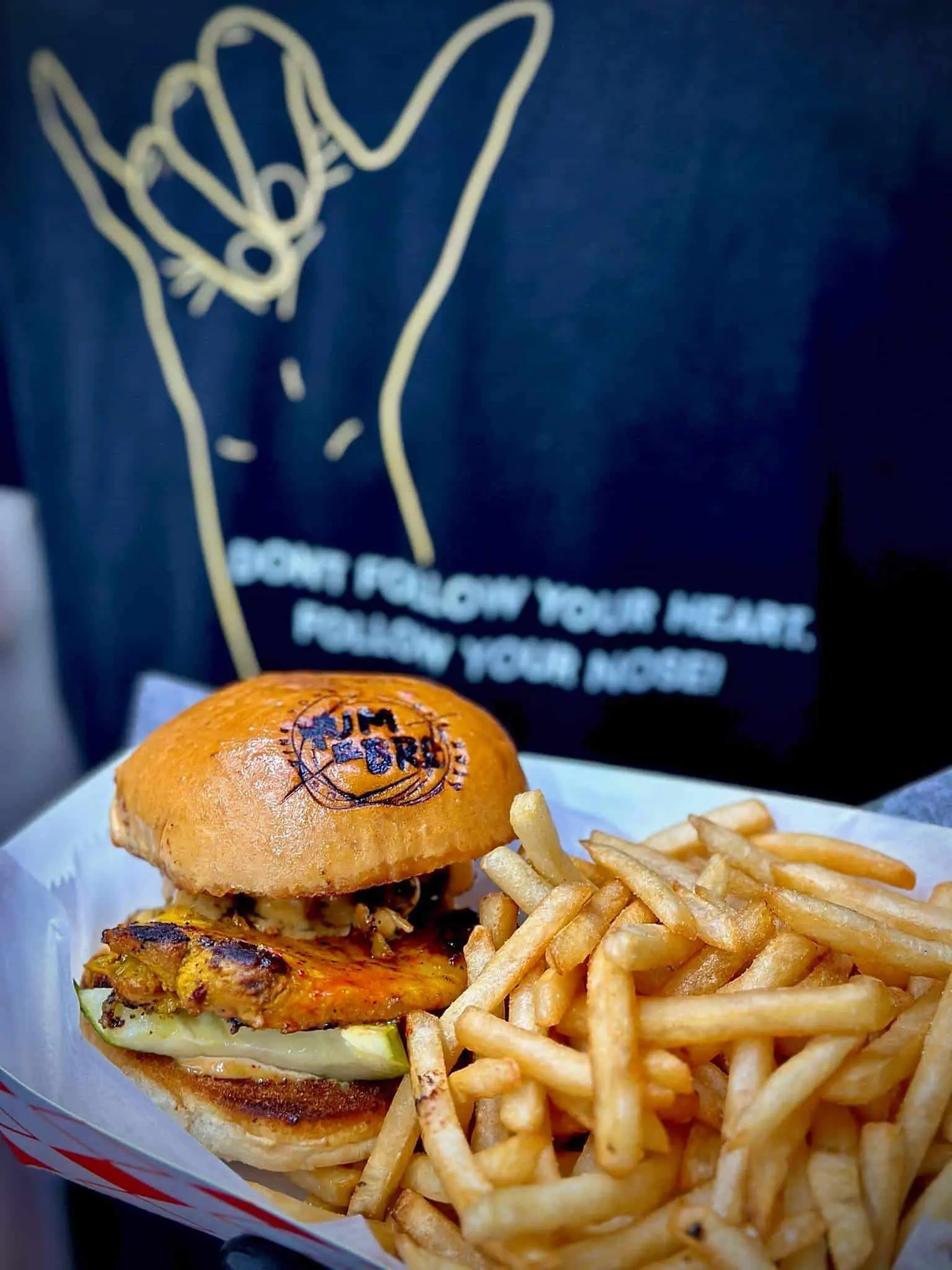 burger with a yumbro logo branded into the bun served with a side of fries