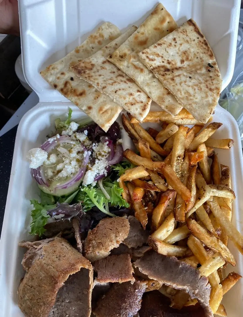 gyro platter with pita, fries, lamb, salad