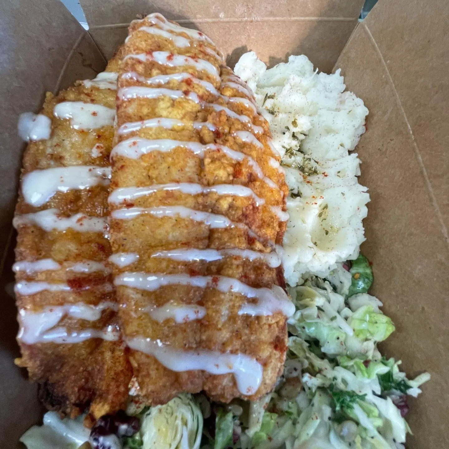 Fried Fish, Mashed Potatoes, and coleslaw